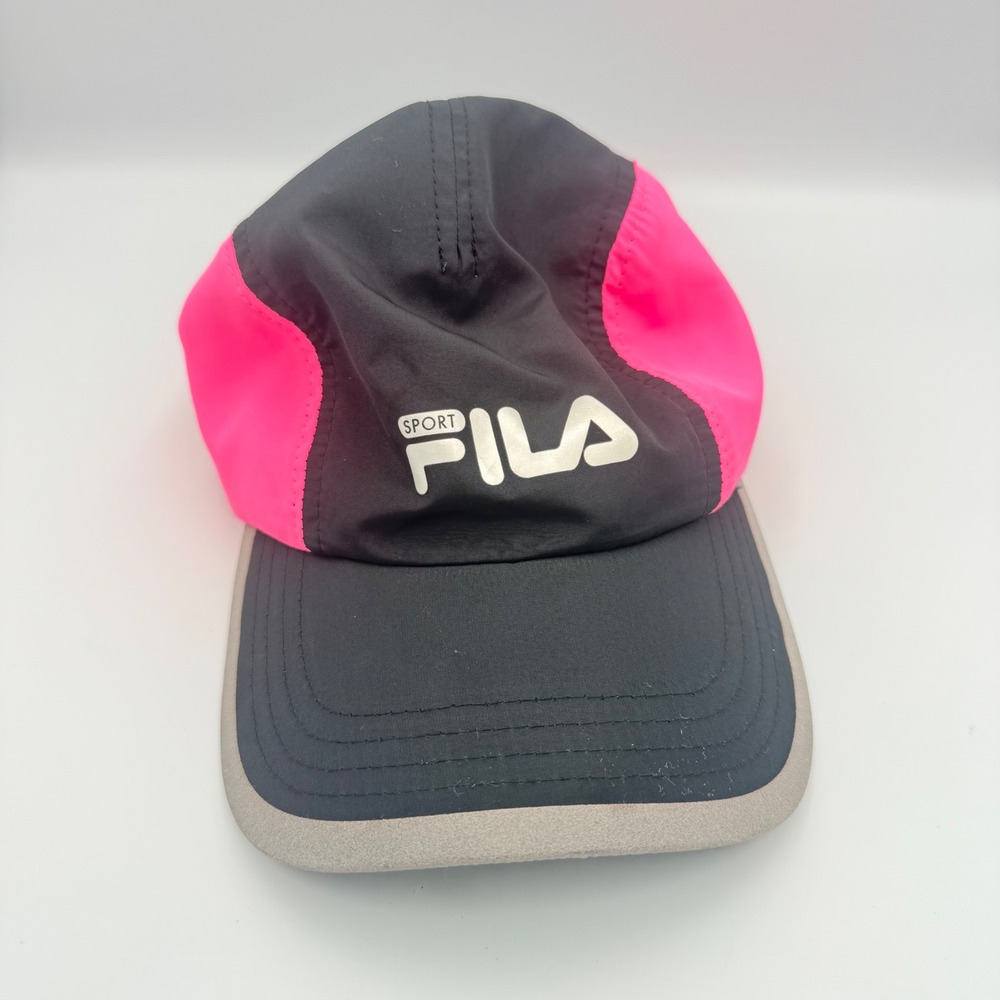 Fila Sport Running Hat Black Neon Pink Reflective Trim Adjustable Cap